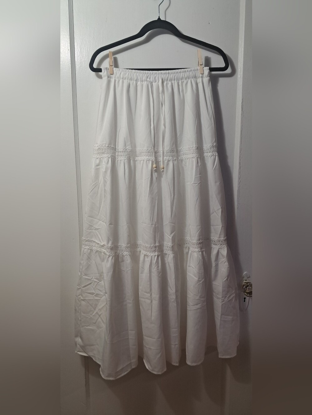 White Drawstring Waist Tiered Midi/Maxi Skirt With Lace & Beaded Details - Picture 2 of 5